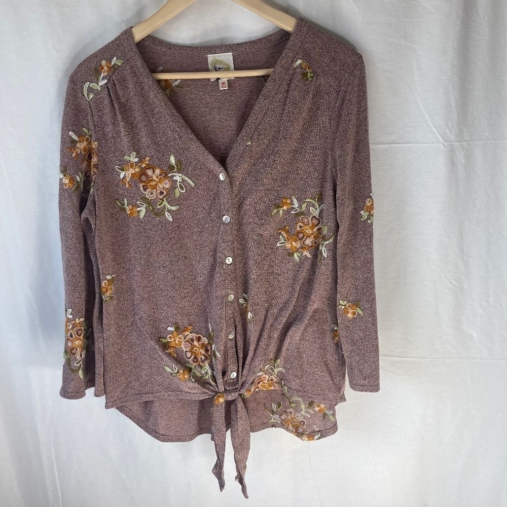 Anthropologie Fig & Flower Heather Pink Embroidered Tie Waist Cardigan S…